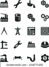 Solid Black Vector Icon Set - gears vector, sewerage, construction helmet, factory, hydroelectric station, hydroelectricity, power line, industrial building, crane, processor, pipes, production