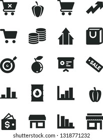 Solid Black Vector Icon Set - growth up vector, negative histogram, positive, cart, crossed, bag with handles, coins, blueberry, Bell pepper, ripe, oil, stall, shopping, chart, season sale, arrows