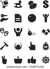 Solid Black Vector Icon Set - scribbled paper vector, dollar, small rocking horse, shoes for little children, hammer with claw, core, index finger, shipment, cabbage, half loquat, physalis, potato