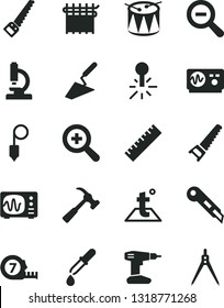 Solid Black Vector Icon Set - yardstick vector, zoom, out, drum, trowel, drill, hand saw, arm, long meashuring tape, plummet, stationery knife, temperature, hammer with claw, cloth industry, pipette