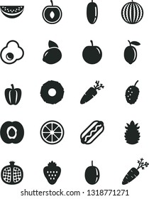 Solid Black Vector Icon Set - Hot Dog vector, carrot, fried egg, strawberry, half apricot, pomegranate, tasty mulberry, water melon, slice, date fruit, plum, cherry, passion, lemon, yellow, juicy