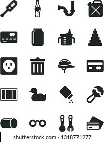 Solid Black Vector Icon Set - bin vector, measuring cup for feeding, baby powder, beanbag, electronic thermometer e, rubber duck, stacking toy, plastic fork spoons, window frame, sewerage, helmet
