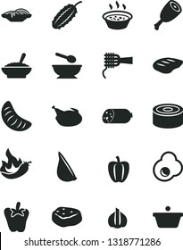 Solid Black Vector Icon Set - deep plate with a spoon vector, sausage, canned goods, slices of onion, noodles, bowl buckwheat porridge, in saucepan, chicken, thigh, chop, piece meat, peper, garlic