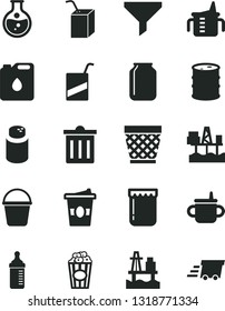 Solid Black Vector Icon Set - wicker pot vector, bin, mug for feeding, measuring cup, bottle, powder, e, packing of juice with a straw, bucket, popcorn, coffe to go, jam, sea port, round flask, jar