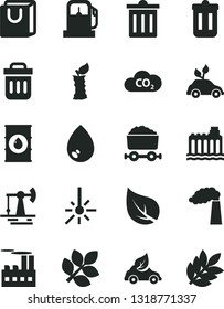 Solid Black Vector Icon Set - bin vector, drop, bag with handles, apple stub, working oil derrick, leaf, gas station, manufacture, hydroelectricity, industrial building, eco car, CO2, trolley coal