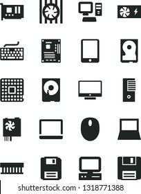 Solid Black Vector Icon Set - keyboard vector, screen, processor, computer, tablet pc, notebook, radiator fan, mouse, power supply, tower, motherboard, card, hdd, floppy