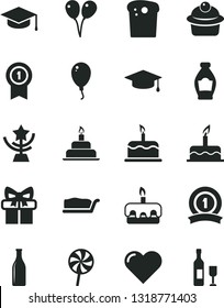 Solid Black Vector Icon Set - colored air balloons vector, balloon, cake, birthday, heart, square academic hat, Easter, muffin, slice, torte, lollipop, bottle, Glass, gift, star cup, graduate, wine