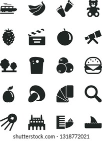 Solid Black Vector Icon Set - magnifier vector, movie cracker, teddy bear, children's tracks, sample of colour, Easter cake, big burger, porcini, tasty raspberry, blueberries, tangerine, bananas