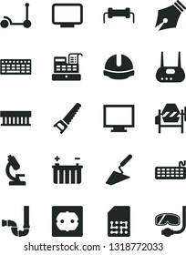 Solid Black Vector Icon Set - monitor vector, Kick scooter, trowel, concrete mixer, hand saw, siphon, power socket type f, construction helmet, battery, SIM, cash machine, radiator fan, keyboard