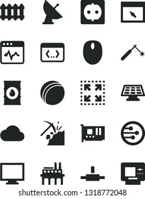 Solid Black Vector Icon Set - monitor vector, bath ball, new radiator, cardiogram, size, coal mining, oil, power socket, industrial enterprise, welding, mouse, pc card, network, browser, connect