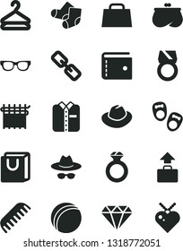Solid Black Vector Icon Set - purse vector, spectacles, hat, with glasses, bath ball, comb, Knitted Socks, shoes for little children, bag handles, folded shirt, hanger, cloth industry, hand, diamond