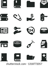 Solid Black Vector Icon Set - folder vector, open pin, e, books, door knob, ntrance, received letter, book, drawer, 24, package, canned goods, stall, get a wage, arm with key, champagne