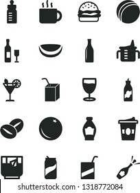 Solid Black Vector Icon Set - measuring cup for feeding vector, bottle, bath ball, e, packing of juice with a straw, burger, coffee beans, tea, coffe to go, glass, cocktail, soda can, orange, liquor