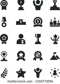 Solid Black Vector Icon Set - star vector, pedestal, winner, laurel branch, podium, award, cup, gold, man with medal, mountain flag, pennant, ribbon, hands up, stars around