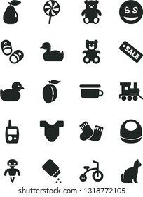 Solid Black Vector Icon Set - baby powder vector, bib, Child T shirt, rubber duck, duckling, warm socks, toy mobile phone, children's potty, teddy bear, small, train, bicycle, shoes, lollipop, pear