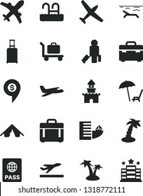 Solid Black Vector Icon Set - suitcase vector, case, passport, sand castle, dollar pin, plane, passenger, rolling, departure, hotel, tent, beach, arnchair under umbrella, palm tree, pool, baggage