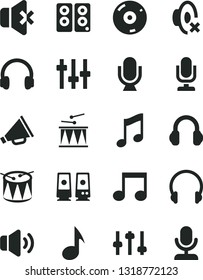 Solid Black Vector Icon Set - desktop microphone vector, horn, silent mode, drumroll, drum, headphones, music, volume, no sound, cd, pc speaker, note, settings