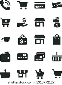 Solid Black Vector Icon Set - grocery basket vector, bank card, put in cart, crossed, cards, kiosk, shopping, front of the, get a wage, wallet, dollar, phone call, bag, urgent cargo, money hand