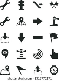 Solid Black Vector Icon Set - downward direction vector, right, wind indicator, minus, index finger, map, flag, move up, down, lighthouse, coastal, repair, radar, cross flags, dollar pin, escalator