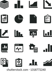 Solid Black Vector Icon Set - clean sheet of paper vector, pie chart, bar, growth, negative, positive histogram, estimate, cardiogram, pile, survey, statistical report, overview, book on statistics
