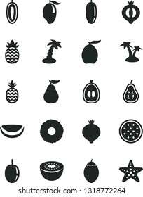 Solid Black Vector Icon Set - a pineapple vector, medlar, half of, mango, loquat, date fruit, passion, sweet, kiwi, tamarillo, piece coconut, slice, ripe guava, part, palm tree, starfish