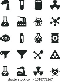 Solid Black Vector Icon Set - round flask vector, manufacture, factory, oil, barrel, industrial building, radiation, carbon dyoxide, filter, water, test tube, molecule, nuclear, biohazard