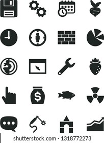 Solid Black Vector Icon Set - box of bricks vector, brickwork, wall clock, index finger, fish, raspberry, beet, gas welding, repair key, goal woman, money, pie charts, speech, browser, floppy, gears