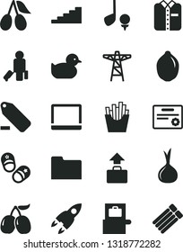 Solid Black Vector Icon Set - remove label vector, baby duckling, child shoes, folded shirt, French fries, cornels, tasty, lime, onion, power pole, notebook pc, folder, rocket, stairway, certificate