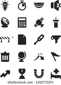 Solid Black Vector Icon Set - stopwatch vector, clean sheet of paper, wind direction indicator, growth up, calculator, electronic thermometer e, road fence, dust bin, globe, no sound, filter, bulb
