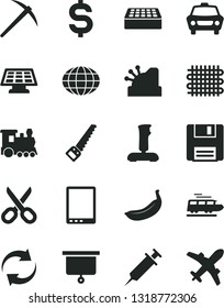 Solid Black Vector Icon Set - scissors vector, renewal, arm saw, brick, car, banana, weaving, globe, denomination of the dollar, cashbox, tablet pc, floppy, joystick, sun panel, syringe, mine axe