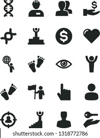 Solid Black Vector Icon Set - women vector, footprints, children's tracks, workman, heart, index finger, eye, woman, man, in sight, dollar, get a wage, dna, winner podium, stairway, hold world, flag