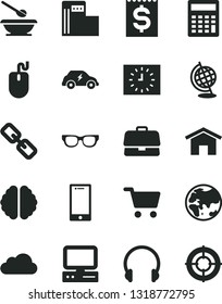 Solid Black Vector Icon Set - spectacles vector, calculator, plates and spoons, home, headphones, smartphone, modern gas station, planet, electric transport, shopping cart, briefcase, financial item
