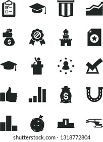 Solid Black Vector Icon Set - bar chart vector, survey, square academic hat, pedestal, finger up, arrow graph, graduate, flag on moon, medal, star certificate, money bag hand, pennant, confirm, luck