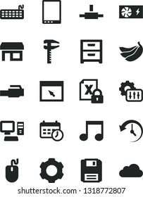 Solid Black Vector Icon Set - nightstand vector, bananas, calipers, stall, computer, tablet pc, encrypting, mouse, keyboard, power supply, browser, connect, floppy, lan connector, note, history