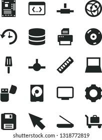 Solid Black Vector Icon Set - popsicle vector, notebook pc, motherboard, memory, monitor, hdd, cd, printer, scanner, usb flash, network, connect, floppy, coding, big data, history, settings, cursor
