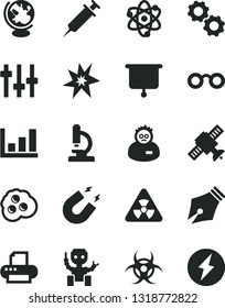 Solid Black Vector Icon Set - omelette vector, printer, microscope, atom, glasses, nuclear, gears, settings, satellite, biohazard, globe, magnet, scientist, growth graph, robot, syringe, ink pen