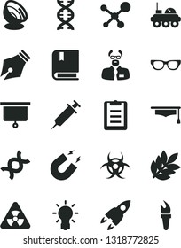 Solid Black Vector Icon Set - vector e, molecule, glasses, nuclear, dna, bulb, biohazard, magnet, scientist, graduate hat, clipboard, satellite antenna, rocket, lunar rover, biology, syringe