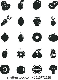 Solid Black Vector Icon Set - tomato vector, beet, coffee beans, plum, medlar, blackberry, mulberry, tasty, cornels, tangerine, half cherry, juicy lemon, tamarillo, sour lime, coconut, pineapple