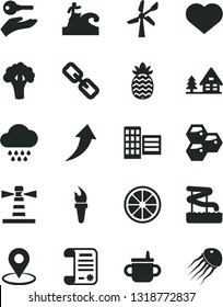 Solid Black Vector Icon Set - heart symbol vector, spectacles, mug for feeding, cloud, city block, honeycombs, juicy lemon, pineapple, broccoli, wind energy, lighthouse, geolocation, flame torch