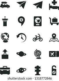 Solid Black Vector Icon Set - paper airplane vector, suitcase, map, planet, history, globe, saturn, plane, dollar pin, car baggage, bike, airport tower, passport, ticket, hospital bed, signpost