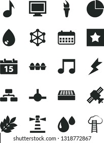 Solid Black Vector Icon Set - monitor window vector, pie chart, brick, lightning, calendar, drop, flowchart, bundle of eggs, lighthouse, connect, note, satellite, biology, 3d cube, flame torch, star