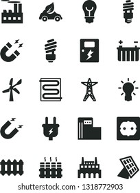 Solid Black Vector Icon Set - saving light bulb vector, power socket type f, dangers, heating coil, radiator, new, modern gas station, wind energy, battery, line, plug, industrial building, factory