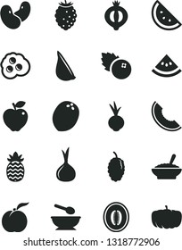 Solid Black Vector Icon Set - deep plate with a spoon vector, bowl of buckwheat porridge, beet, garlic, omelette, blueberries, orange slice, ripe peach, red apple, half medlar, tasty raspberry