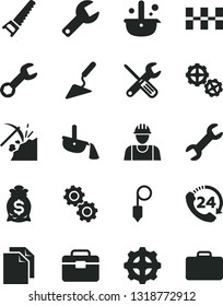 Solid Black Vector Icon Set - repair key vector, clean paper, builder, gears, building trowel, small tools, hand saw, portfolio, ceramic tiles, plummet, 24, coal mining, gear, metallurgy, money bag