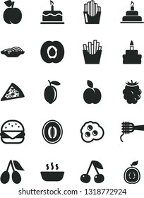 Solid Black Vector Icon Set - birthday cake vector, piece of pizza, big burger, slices onion, noodles, hot porridge, French fries, fried potato, omelette, apple, cherry, peach, half apricot, cornels