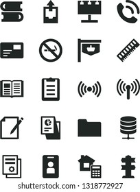 Solid Black Vector Icon Set - upload archive data vector, books, estimate, book, big server, pass card, notes, phone call, vintage sign, billboard with illumination, statistical research, memory