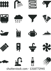 Solid Black Vector Icon Set - mug for feeding vector, children's bathroom, rainy cloud, washbasin, shower, heating coil, new radiator, kitchen faucet, boiler, small fish, a glass of soda, tea, water