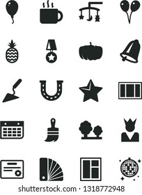 Solid Black Vector Icon Set - toys over the cradle vector, colored air balloons, balloon, building trowel, window, frame, color samples, wooden paint brush, bell, star, cup of tea, a pineapple, luck