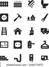 Solid Black Vector Icon Set - house vector, brick wall, arm saw, wooden paint brush, stepladder, toilet, siphon, lay out of flat, power socket type b, f, door knob, spatula, new radiator, boiler