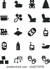 Solid Black Vector Icon Set - toys over the cot vector, feeding bottle, measuring for, baby rattle, chair, car child seat, rubber duck, children's bathroom, stacking rings, roly poly doll, tumbler
